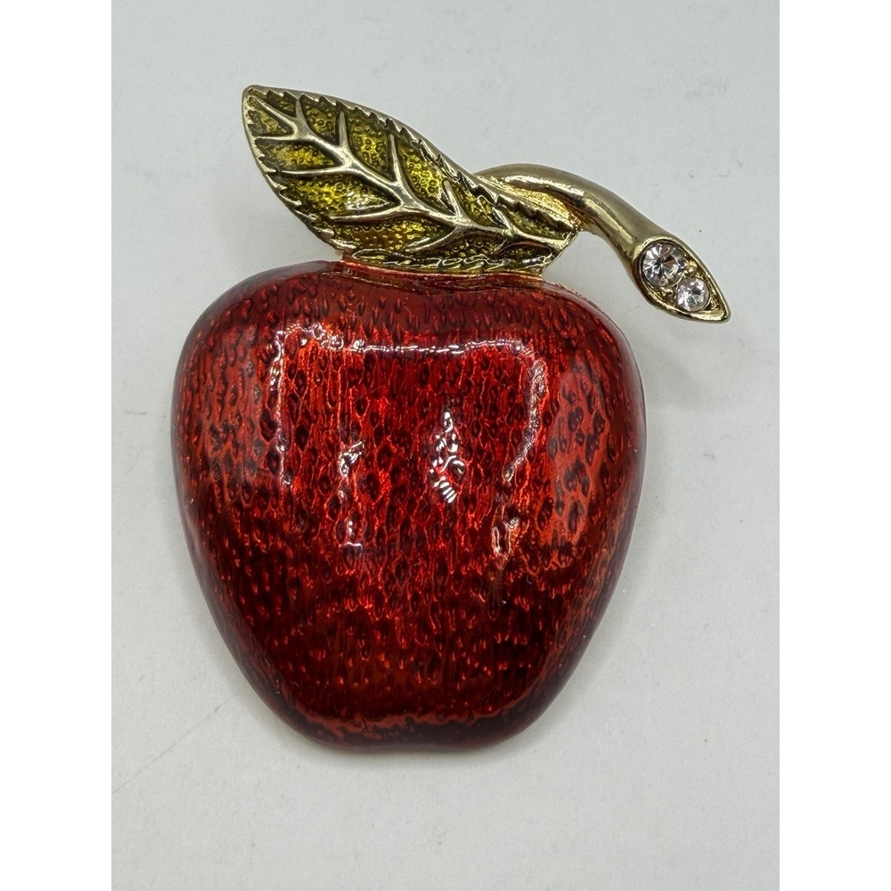 Vintage Red Apple Brooch Pin Gold Tone Green Leaf Rhinestone Accent Jewelry